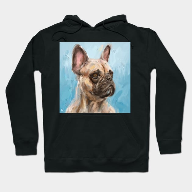 Loose Thick Oil Painting of a French Bulldog on Light Blue Background Hoodie by ibadishi